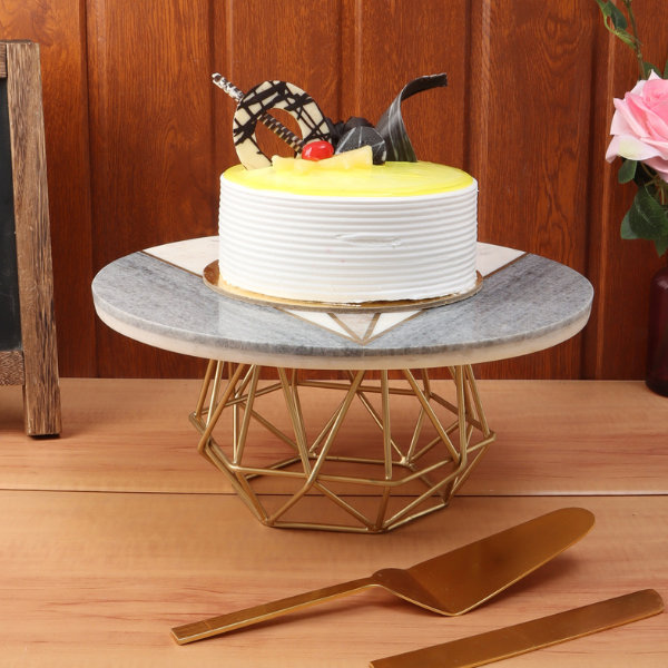 NikkisPride Cake Stand With Gold Finish Metal Base Tri-Color Marble Top with Cake Cutlery Set of 3